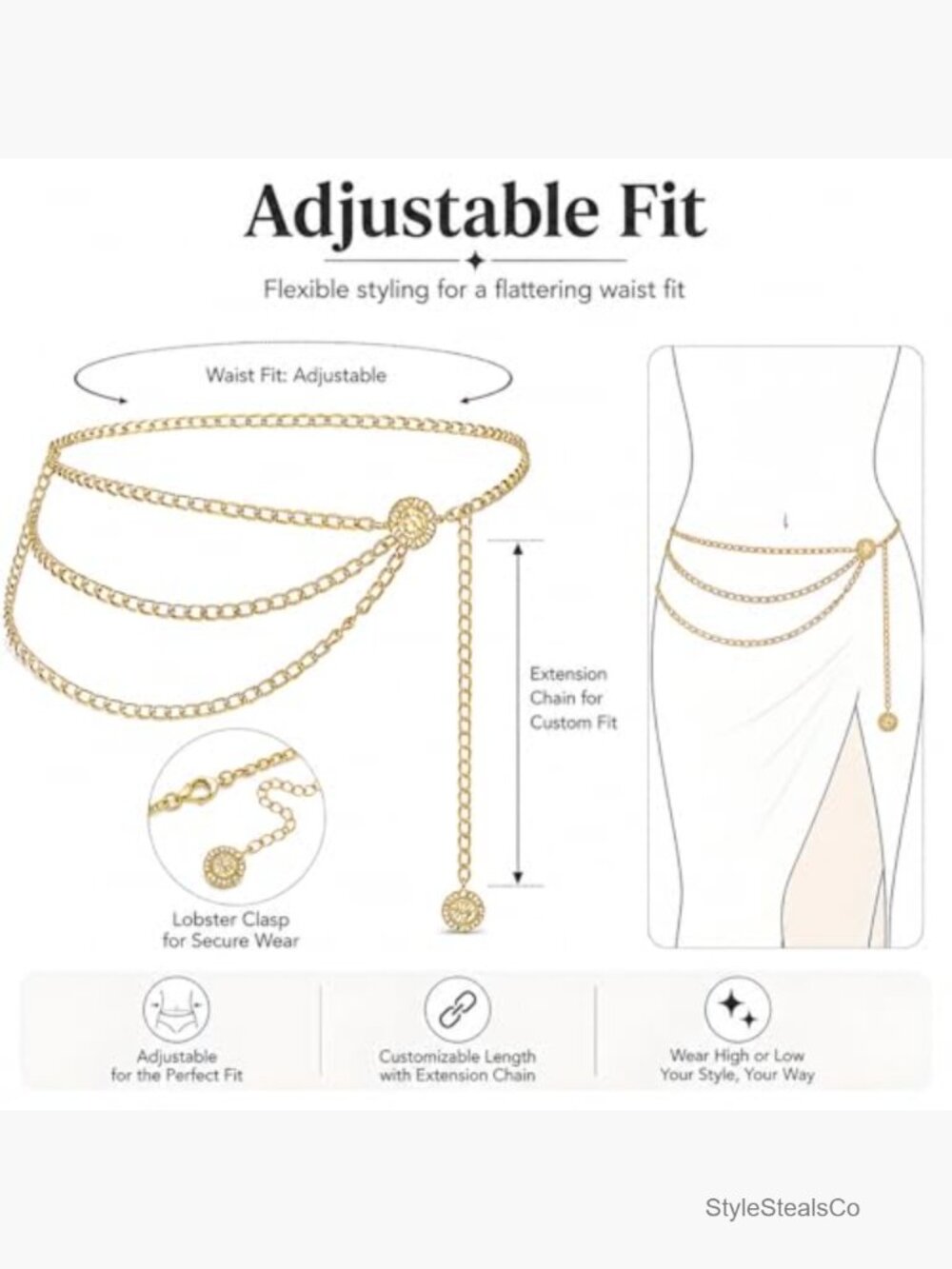 Multilayer Metal Waist Chain Belt, Adjustable Chain Belts for Dress, Snag-Free - Picture 6 of 7